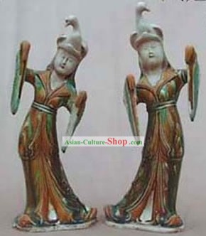 Chinês clássico archaized Tang San Cai Estátua-Tang Dynasty Dancers com Lady Phoenix Hat