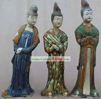 中国の古典Archaized唐三彩名誉の女神像 - メイド（3つの小品セット）