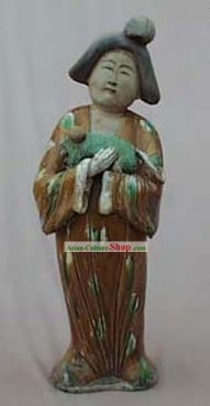 大きい中国唐三彩像（3色釉陶器） - 唐の子犬と王朝の女性