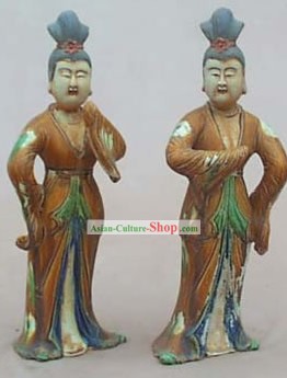 中国の古典Archaized唐三彩像 - 唐ダンスの女性（2個セット）