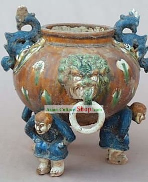 Chinês clássico archaized Tang San Cai-Estátua de Três Homens Pot Dragão Pé