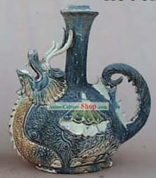 Chinese Classic Archaized Tang San Cai Statue-Dragon and Phoenix Kettle Pair