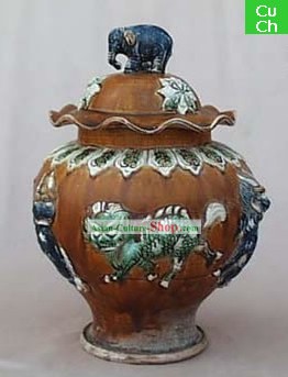 Chinese Classic Archaized Tang San Cai Statue-Elephant Shaped Knob Kylin Lidded Pot