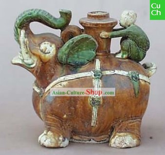 中国の古典Archaized唐三彩像 - 象の形ケトル