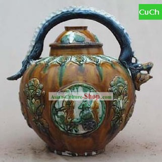 中国の古典Archaized唐三彩像 - ドラゴンヘッド型ハンドルのケトル