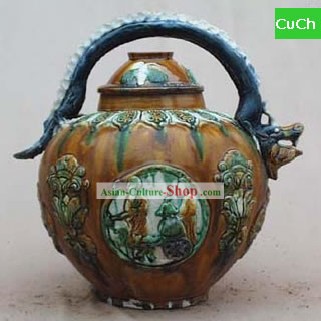 Chinese Classic Archaized Tang San Cai Statue-Dragon Head Shaped Handle Kettle