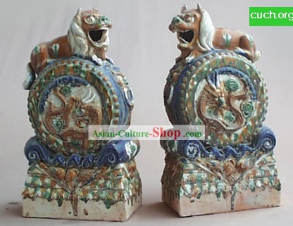 Chinese Classic Archaized Tang San Cai Statue-Pair of Foo Dog Frusta