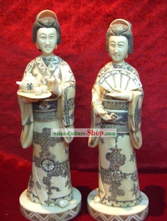 중국어 클래식 옥스 뼈 수공예 조각 동상 일본 차 여성 페어
