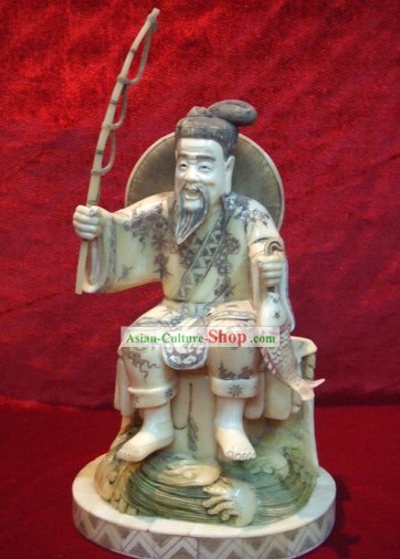 中国の古典牛骨の手工芸品彫刻像 - 古代のオールドフィッシングマン