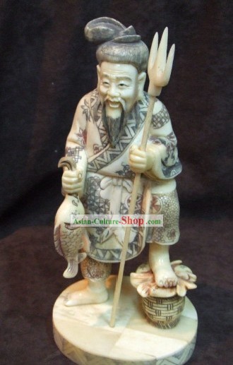 Chinese Classic Ox Bone Handicraft Sculpture Statue-Fishing Man