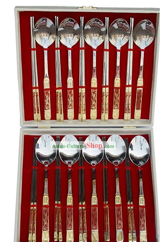 Chinese Classic Red Cloisonne Dishware-20 Pieces Scoops and Chopsticks Set