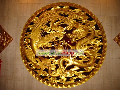 Chinese Palace 100 Percent Hand Carved Golden Dragon and Phoenix Large