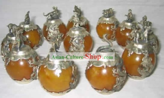 Chinois classique Palace Silver Ambre Sheng Xiao douze animaux