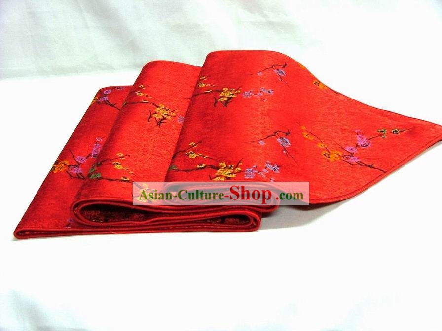Chinese Handmade Silk Red Plum Blossom Table Banner