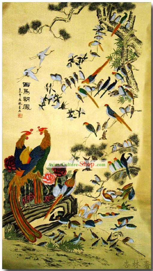 Pintura clássica chinesa tradicional por Zhang Chunlin-Centenas de aves