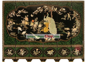 Chinese Hand Made Lacquer Ware Screen-Peacock Flowers Birds