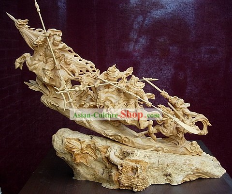 Chinese Hand Carved Sculpture-Three Heroes Fighting with Lu Bu