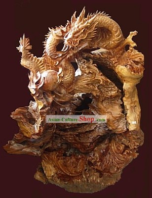 Chinese Hand Carved Wood Sculpture-Double Lucky Dragons Playing Balls
