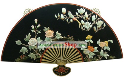 칠기 대형 거울 팬 - 모란과 버드 한깅 중국어 궁전