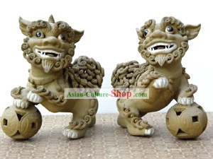 Feito à Mão Foshan Pair Lion Cerâmica Artística-Dança