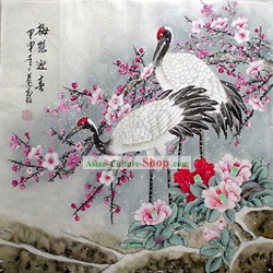 Mão chinês pintado pintura por Qin Xia-Antiga Cranes