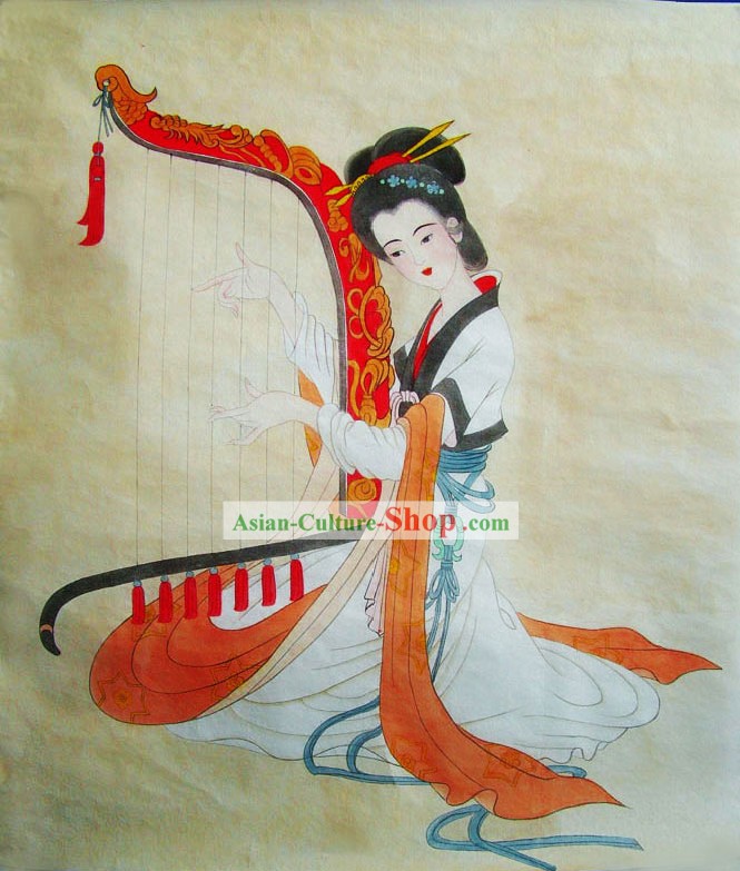 Pintura Tradicional Chinesa-Tang Dynasty Harp Maid