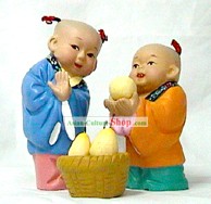 Beijing Hand Made Clay Statue-Kids Giving The Bigger Pear to Others