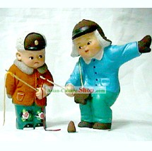 Chinese Hand Made Clay Figurine-Playing Traditional Game Peg-top