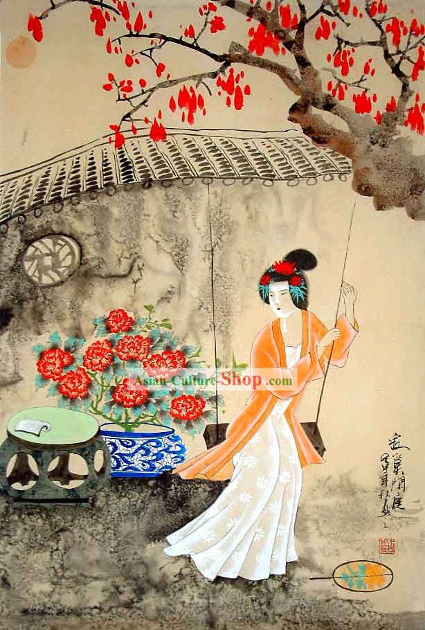 Tradicional Chinesa Wash Beleza Palácio Pintura Antiga-Playing The Swing