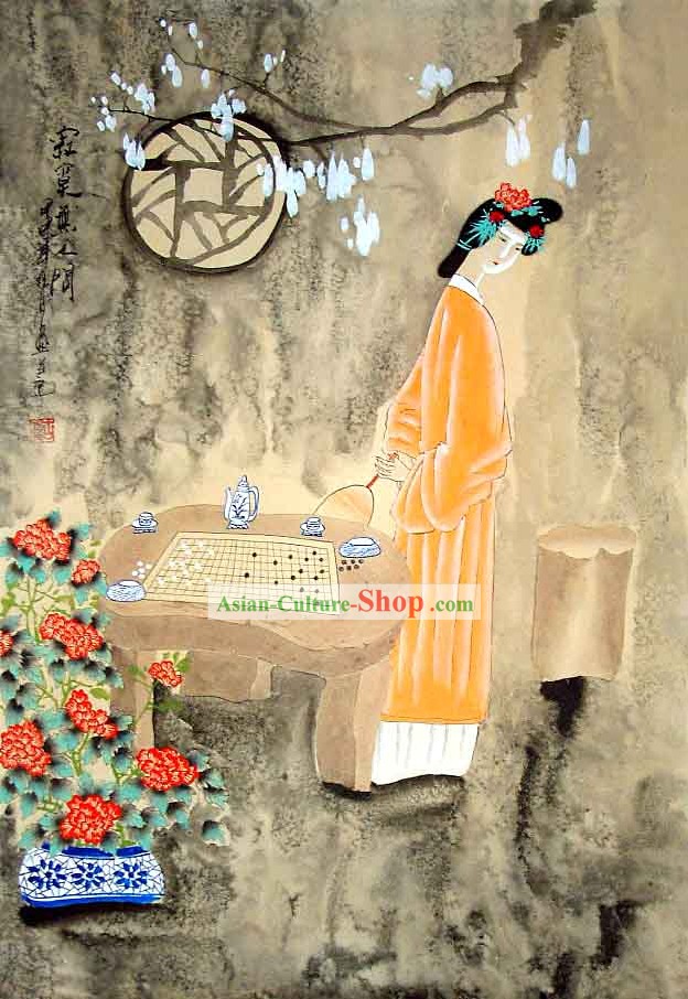 Lavar Tradicional Chinesa Pintura-Wise Beleza Playing The Chess