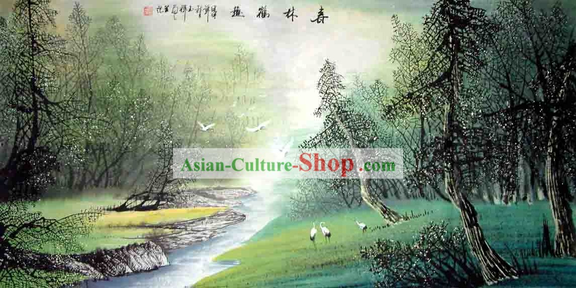 Lavar Pintura Chinesa-Cranes Voador na Floresta