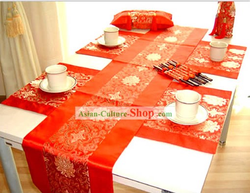 China seda roja corredores de la tabla Set (siete piezas conjunto importante)