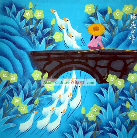 Shan Xi Folk Peasant Painting - Girl Chasing Ducks