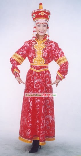 Mongolian Folk Dancing Costumes and Hat for Woman