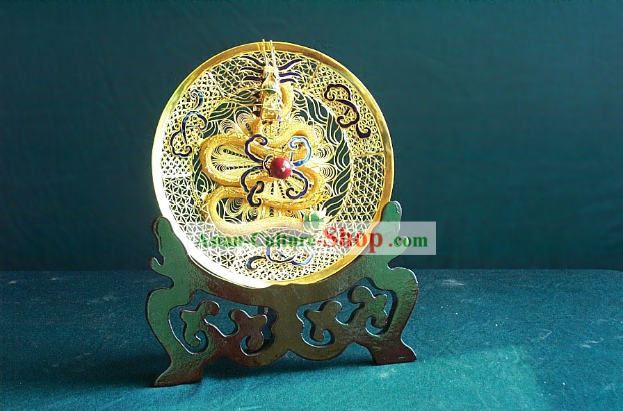 Chinese Gold Brass Cloisonne Dragon Plate