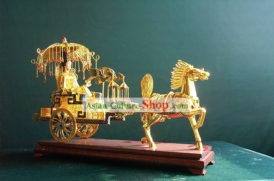 Chinese Stunning Gold Brass Cloisonne Ancient Princess and Carriage Statue