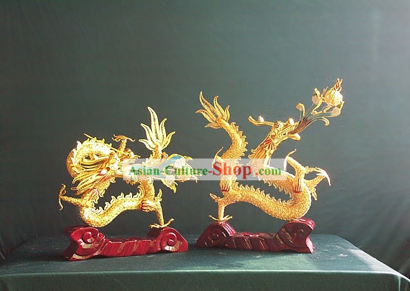 Chinese Gold Messing Cloisonne Lucky Dragon Pair