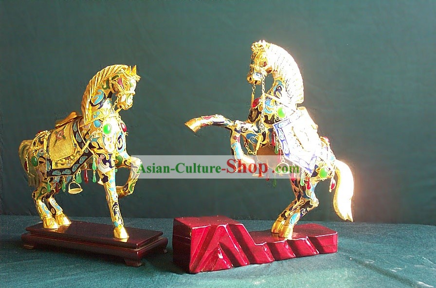 Chinese Classic Gold Brass Cloisonne Horse Pair