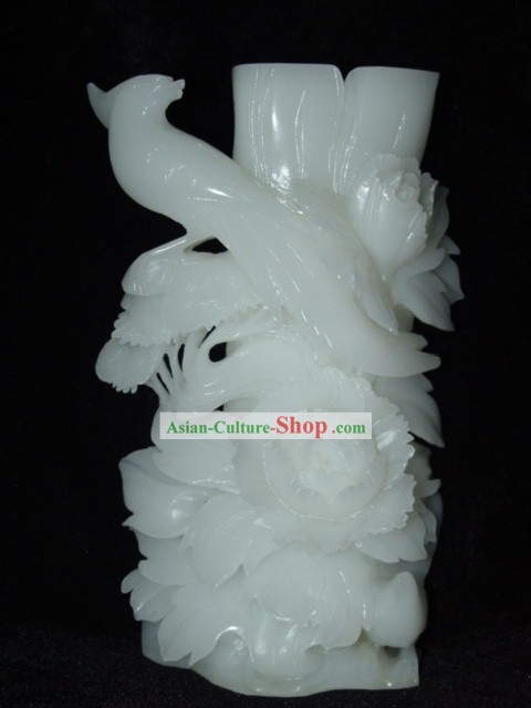 Pássaro raro Chinese Jade Branco e vaso de flor