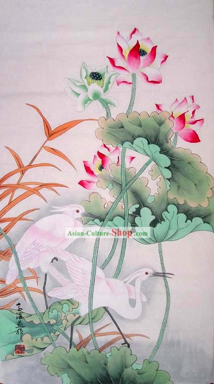Pintura Tradicional Chinesa-Lotus e Bittern