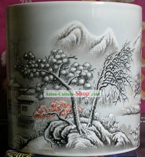 Chinese Large Jingde Town Ceramics Landscape Snow Scape Brush Pot