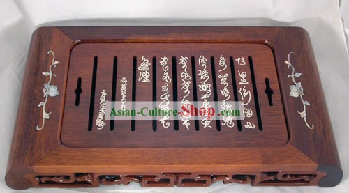Chinese Seashell Carving Wood Tea Tray