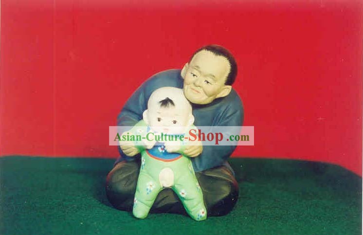 Chinese Hand Painted Sculpture Art of Clay Figurine Zhang-Grandmather Love