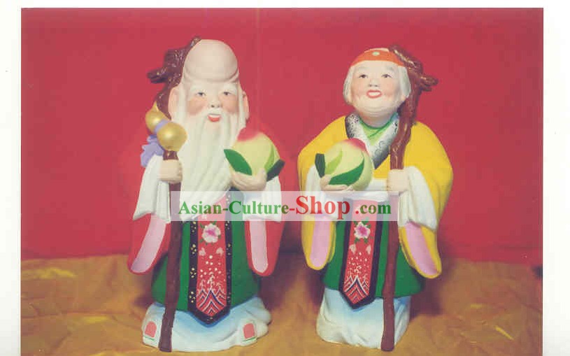 Chinese Hand Painted Sculpture Art of Clay Figurine Zhang-Healthy and Happy Old Couple