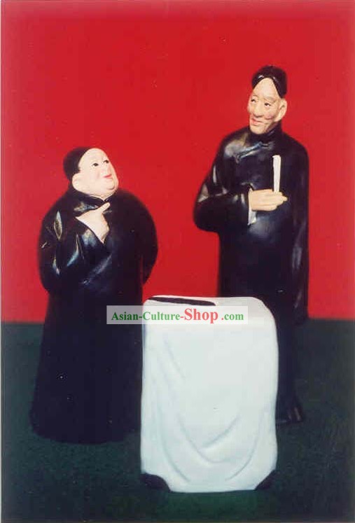 Mão chinesa Arte pintada Escultura de Figurine da argila Zhang-Comic Dialgoue