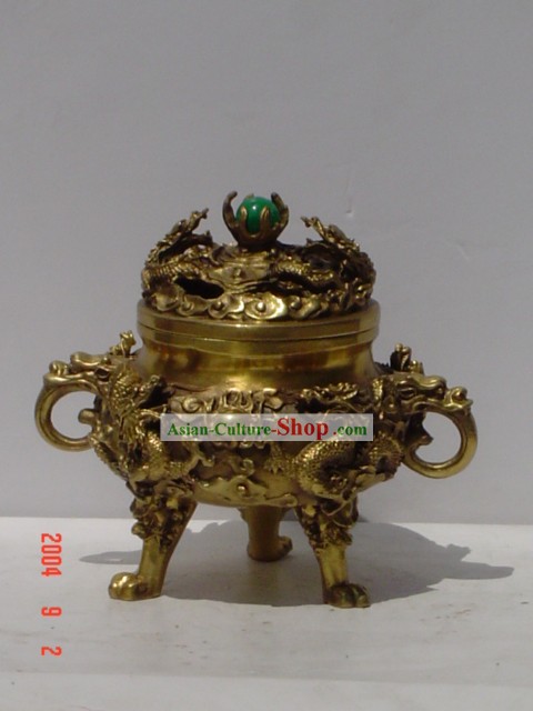 Chinese Classic Brass Statue-Ancient Palace Nine Dragons Censer