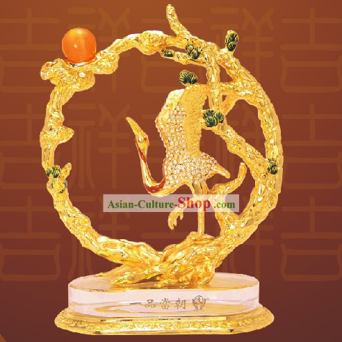 Chinese Stunning Gold Crane Bless Statue