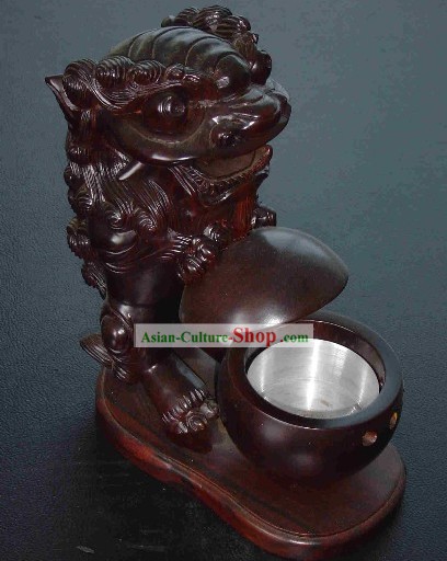 Chinese Classic Hand Carved Lion Playing Ball Wood Ashtray