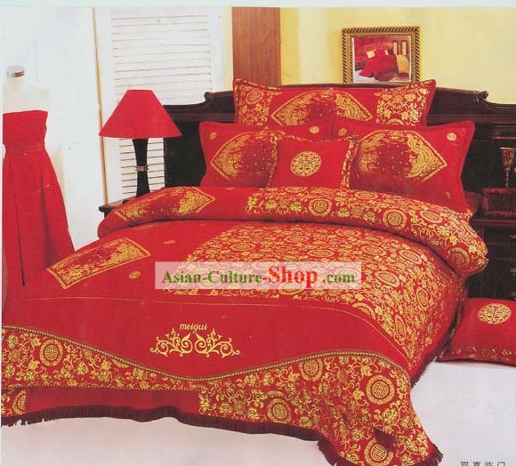 Chinese Classic Double Happiness Seven Pieces Bed Set
