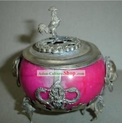 Chinese Pink Palace Style Silver and Jade Censer